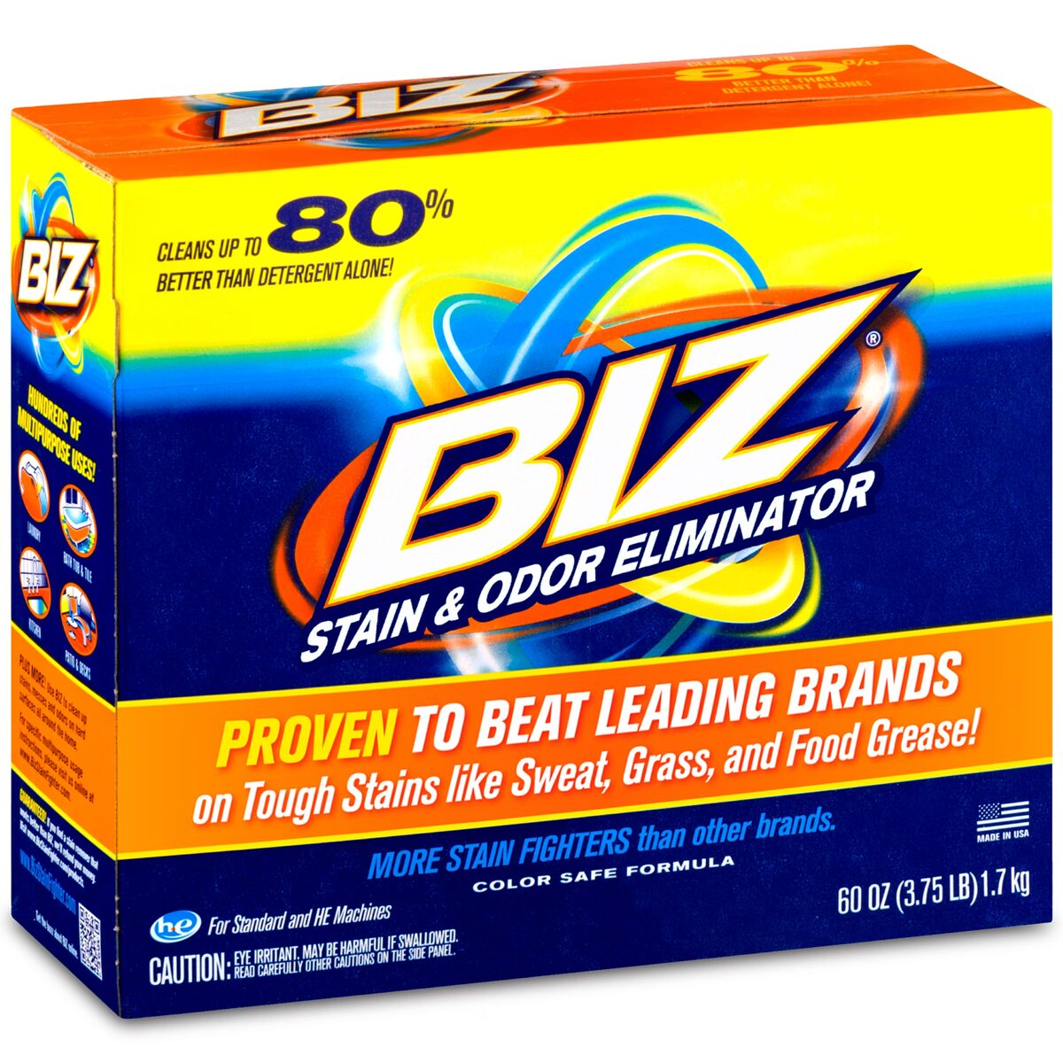 A box of Biz Stain & Odor Eliminator powder, with &ldquo;Cleans up to 80% better than detergent alone!&rdquo; printed on the front.