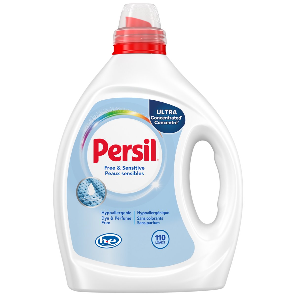 A bottle of Persil Free & Sensitive liquid laundry detergent. The label says Ultra Concentrated, hypoallergenic, dye and perfume free, 110 loads.